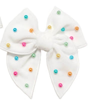 Beaded bow - white with rainbow beads